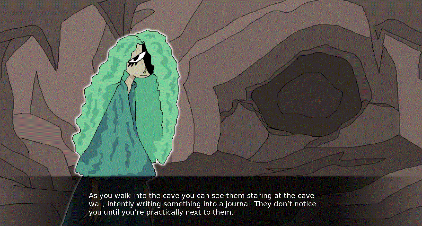 A green figure with long green hair stands in a cave. There is a text box below them that reads, 'As you walk into the cave you can see them staring at the cave wall, intently writing something into a journal. They don't notice you until you're practically next to them.'