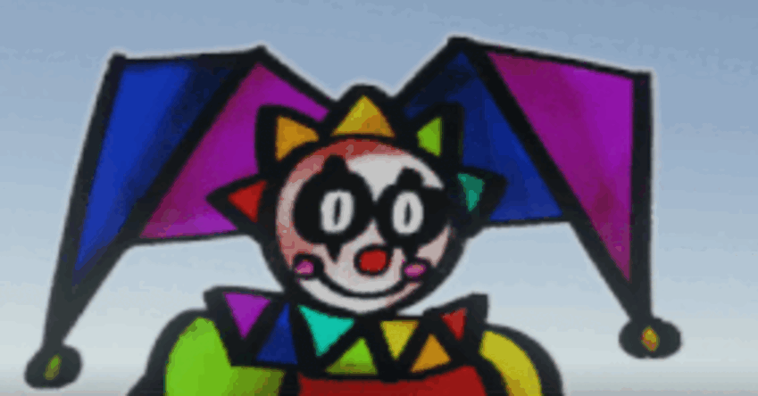 A close-up of the upper half of a smiling bloodstained rainbow clown. The clowns features are made of solely triangles and circles.