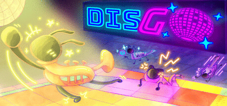 A logo of an anthropomorphic trumpet animal reaching for a disco ball. There are an anthropomorphic keytar, saxophone, and bass guitar running towards them in the background.