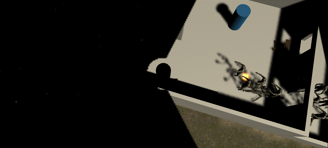 A Cylindrical player fires bullets at a series of zombies approaching from the right. The scene takes place in a grey house. The left half of the screen is obscured in black.